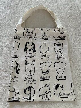 World Market Black & White Illustrated Dog Breeds Canvas Tote Bag 4 sections